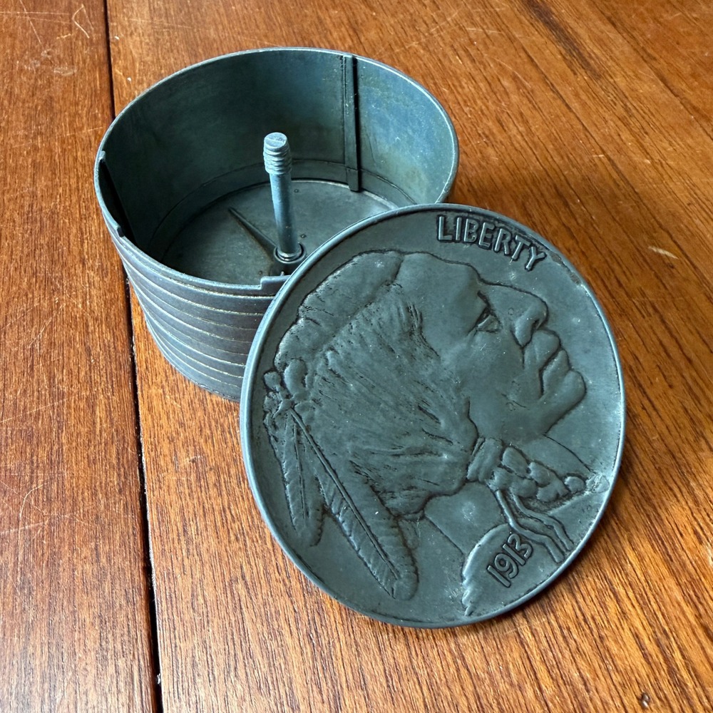 Vintage 1975 Buffalo Nickel Indian Head Metal Coin Bank 1913 Stacked
